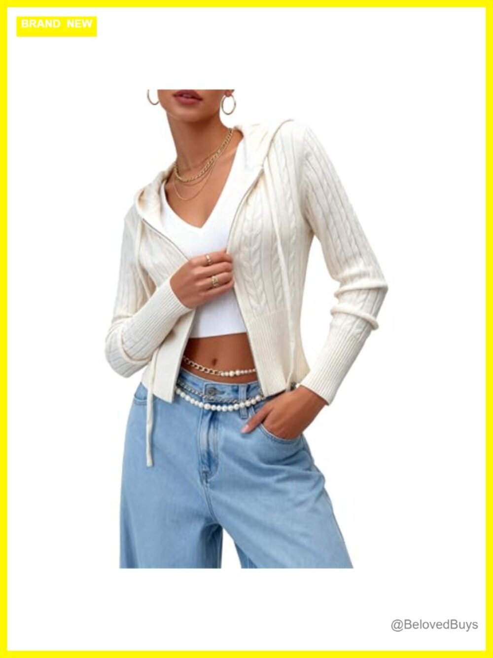 Cropped Cable Knit Zip Up Hoodie Cardigan Long Sleeve Sweater